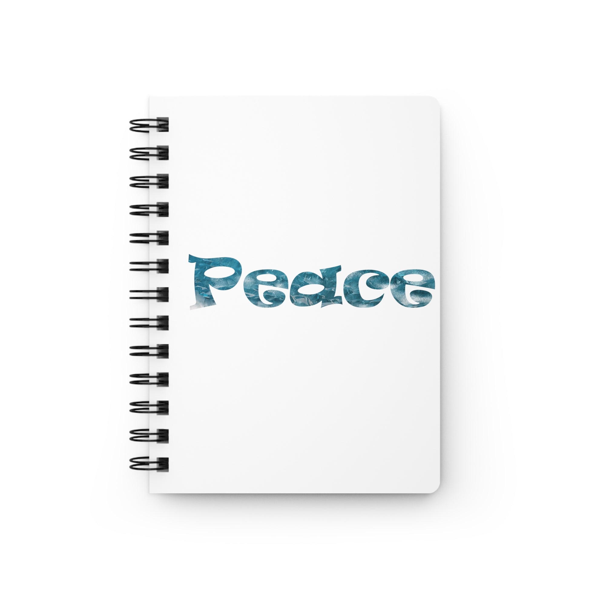 Cover of a White Spiral Bound Notebook with the Printed Word Art of the Word Art Peace with Blue Ice Cave Image 