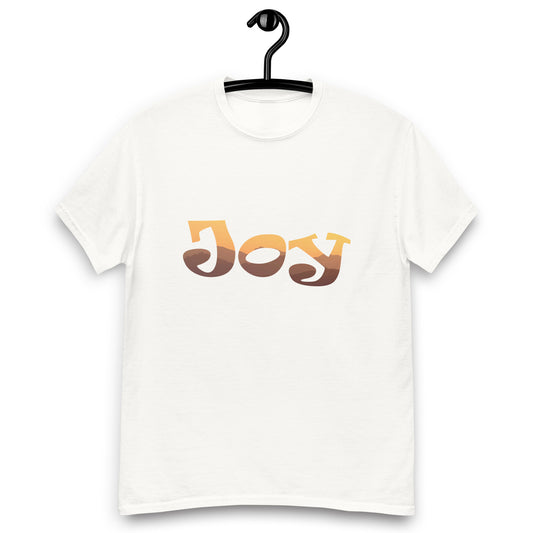 White Cotton Tshirt on a hanger with Printed Text of the Word Art Joy with embedded golden gradient sunset image  